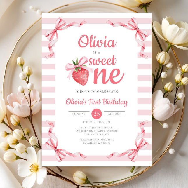 Invitación Dulce Una Niña de Fresa Cumple 1 Año (Sweet One Strawberry Girl 1st Birthday Invitation)