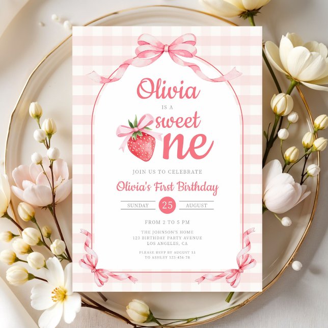Invitación Dulce Una Niña de Fresa Cumple 1 Año (Sweet One Strawberry Girl 1st Birthday Invitation)