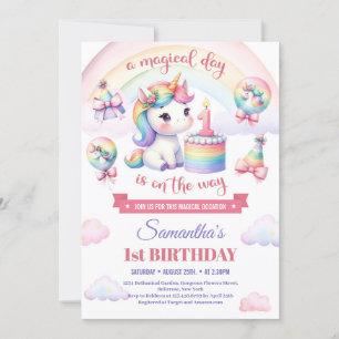 Invitación Dulce Unicornio Acuarela Cumpleaños 1 niña Rosa
