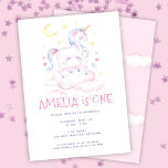 Invitación Dulce unicornio acuarela Pink Kids Cumpleaños<br><div class="desc">Este fiesta de cumpleaños para niños dulces presenta un ilustracion unicornio acuarela sobre nubes rosas con luna creciente y estrellas y tipografía escrita a mano. La parte trasera tiene un fondo rosa claro con nubes rosadas dispersas. Puede realizar un personalizar adicional de este diseño añadiendo una foto y/o texto adicional...</div>