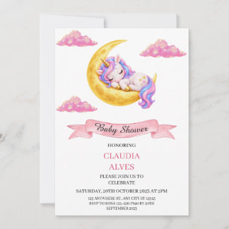 Invitación Dulce Unicornio Durmiendo Luna Nubes Rosadas Baby 