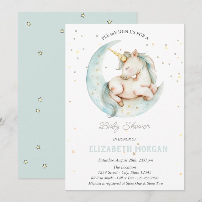 Invitación Dulce Unicornio Luna Estrellas Shower de Bebé  (Anverso / Reverso)