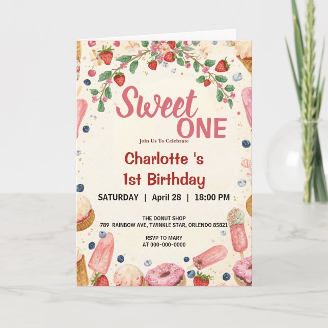 Invitación Dulce Uno Cumpleaños 1 Fresa Donut Helado  (Anverso)