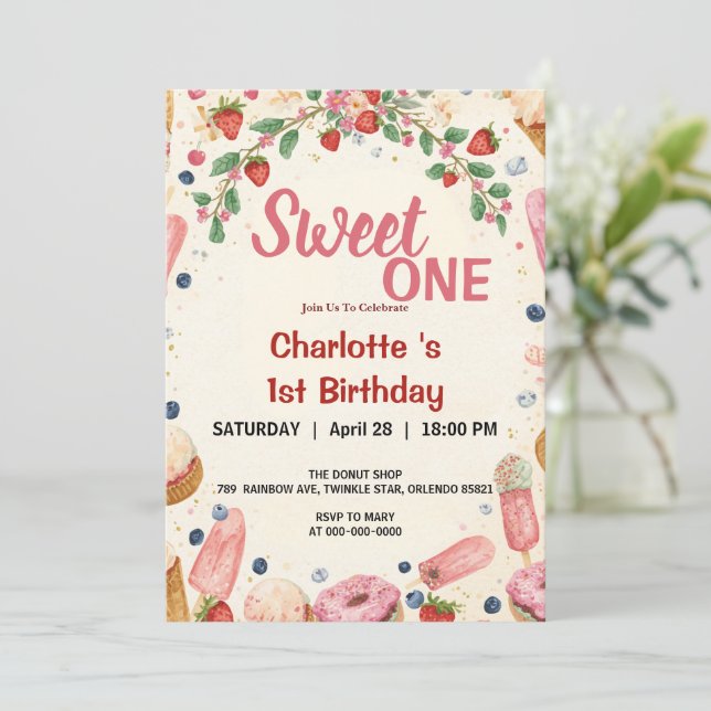 Invitación Dulce Uno Cumpleaños 1 Fresa Donut Helado  (Anverso de pie)
