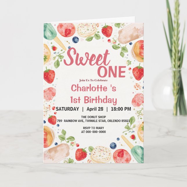 Invitación Dulce Uno Cumpleaños 1 Fresa Donut Helado  (Anverso)