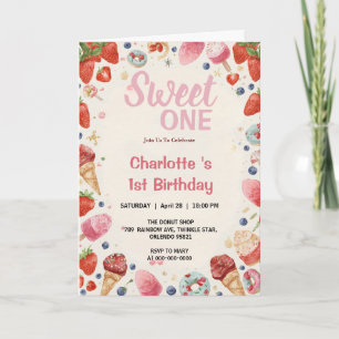 Invitación Dulce Uno Cumpleaños 1 Fresa Donut Helado