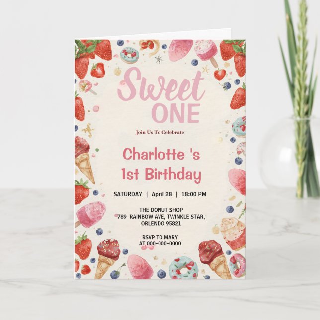 Invitación Dulce Uno Cumpleaños 1 Fresa Donut Helado  (Anverso)