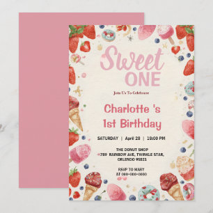 Invitación Dulce Uno Cumpleaños Fresa Donut Helado