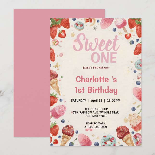 Invitación Dulce Uno Cumpleaños Fresa Donut Helado  (Anverso / Reverso)