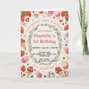 Invitación Dulce Uno Cumpleaños Fresa Donut Helado