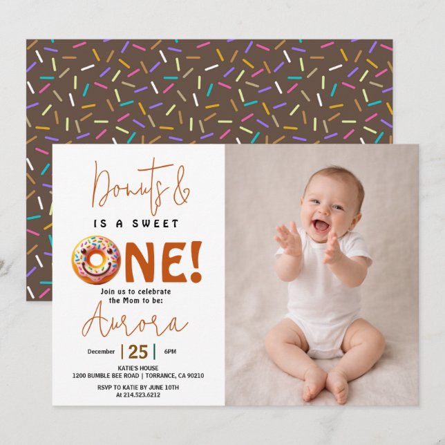 Invitación Dulce Uno dona de acuarela cumpleaños 1 (Anverso / Reverso)