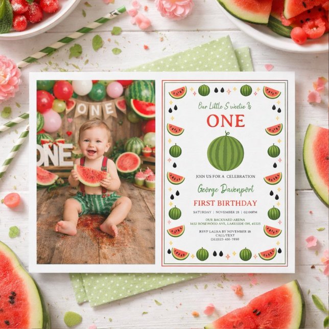 Invitación Dulce Uno en una Fiesta de Cumpleaños de Sandía de (Sweet One in a Melon Watermelon 1st Birthday Party Invitation
)