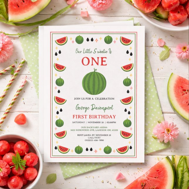 Invitación Dulce Uno en una Fiesta de Cumpleaños de Sandía de (Sweet One in a Melon Watermelon 1st Birthday Party Invitation
)