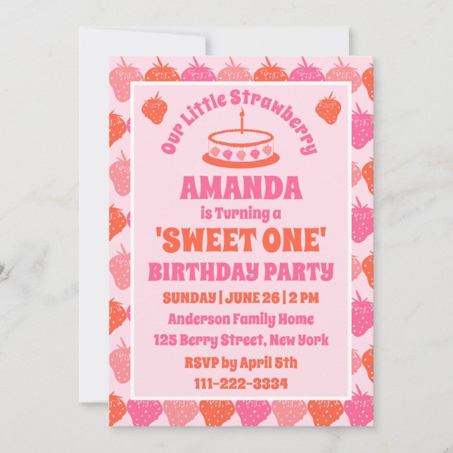 Invitación Dulce uno: Fiesta de primer cumpleaños de fresa re (Anverso)