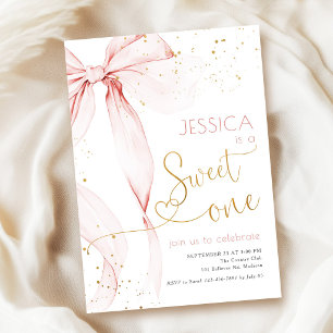 Invitación Dulce Uno Lazo Rosa Cumpleaños 1 año