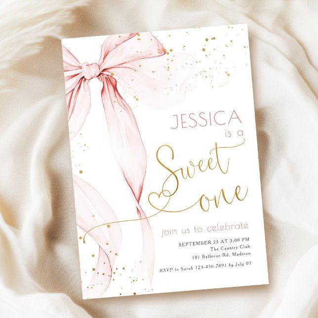 Invitación Dulce Uno Lazo Rosa Cumpleaños 1 año (Subido por el creador)
