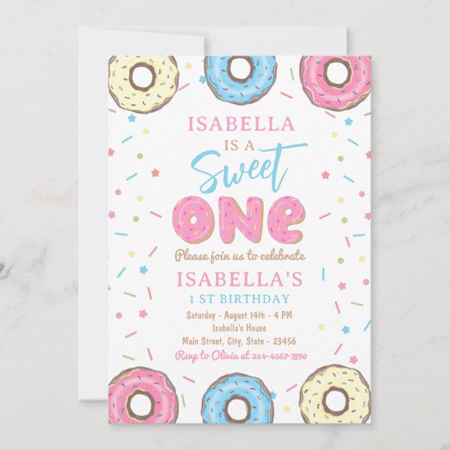 Invitación Dulce uno roce Donut primer Fiesta de cumpleaños (Anverso)