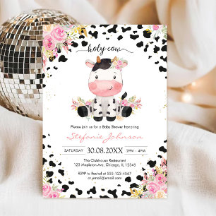 Invitación Dulce Vaca Fiesta Rosa Floral Vaquera Baby Shower