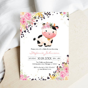 Invitación Dulce Vaca Fiesta Rosa Floral Vaquera Baby Shower