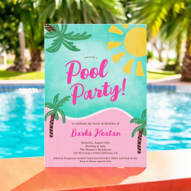Invitación Dulce verano brillante fiesta de piscina tropical  (Fun Summer Bright Tropical pool party Sweet 16 Invitation)