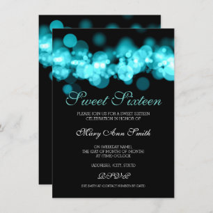 Invitación Dulce Verde azulado 16 Luces de Bokeh de cumpleaño