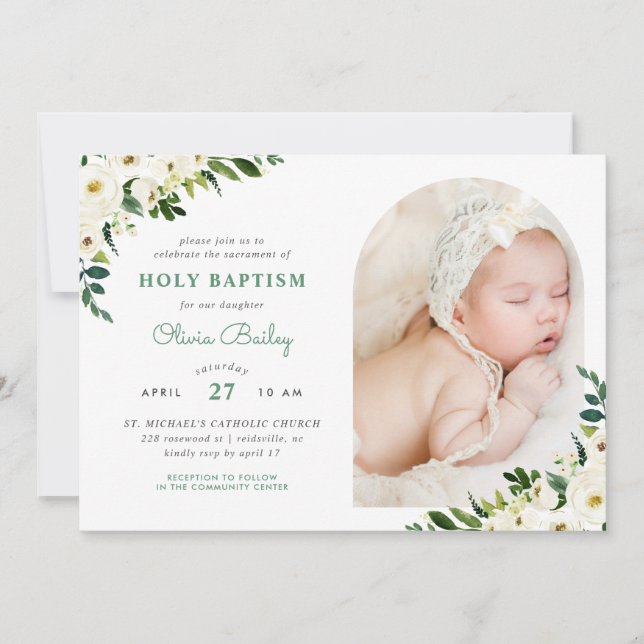 Invitación Dulce verde Floral Bebé niña foto bautismo (Anverso)