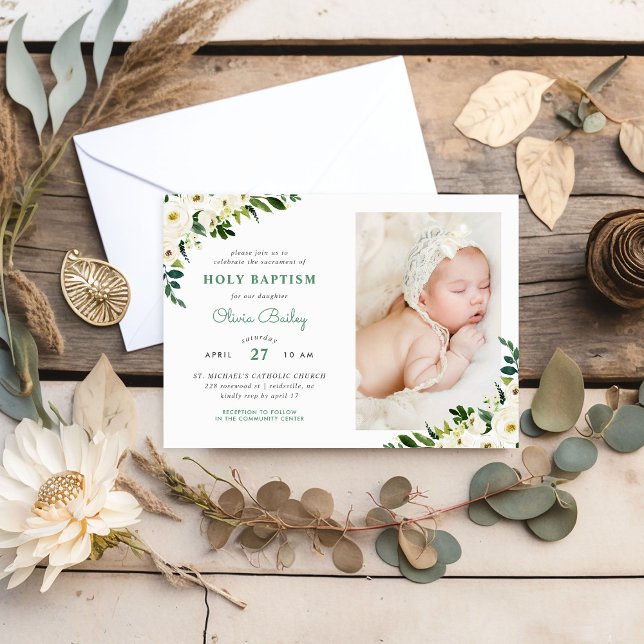 Invitación Dulce verde Floral Bebé niña foto bautismo (Subido por el creador)