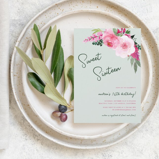 Invitación Dulce verde rosado de flores pintado 16 Fiesta de  (Subido por el creador)
