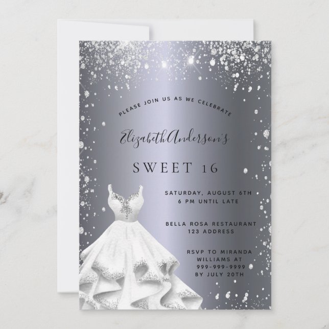 Invitación Dulce vestido 16 de plata purpurina destello glamo (Anverso)