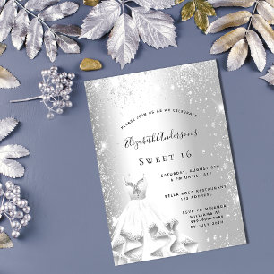 Invitación Dulce vestido 16 de plata purpurina lujo