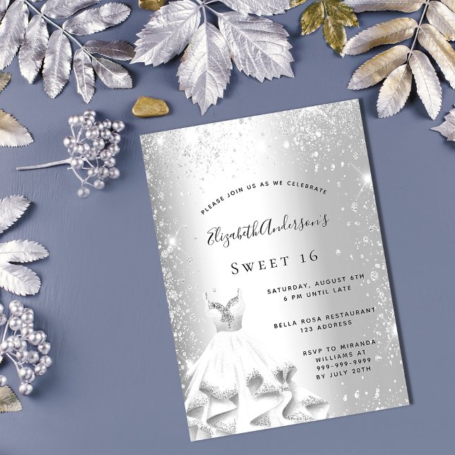 Invitación Dulce vestido 16 de plata purpurina lujo (Subido por el creador)