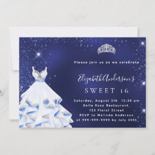 Invitación Dulce vestido 16 purpurina de plata azul tiara