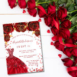 Invitación Dulce vestido blanco rojo 16 glamuroso<br><div class="desc">Una invitación moderna,  elegante y glamurosa para una fiesta de 16 y 16 años. Un fondo blanco con chispas,  un vestido rojo y rosas rojas,  flores. El nombre está escrito con una escritura de estilo con letras a mano moderna. Personalice y agregue los detalles de su fiesta.</div>