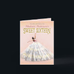 Invitación Dulce Vestido color de agua color dorado rosado Ru<br><div class="desc">Estas hermosas invitaciones dobladas Sweet 16 incluyen a una magnífica bailarina de acuarela en el frente, en un largo vestido que golpea una pose con sus brazos. El fondo es de color rosa negro con un borde de moquetas de color dorado / confetti. El vestido gris blanco de la bailarina...</div>