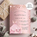 Invitación Dulce vestido de 16 chispeantes rosados<br><div class="desc">Una invitación moderna,  elegante y glamurosa para una fiesta de 16 y 16 años. Un fondo rosa y ruidoso con destellos de oro rosa y un vestido rosa. El nombre se escribe con un guión de estilo con letras a mano. Personalice y agregue los detalles de su fiesta.</div>