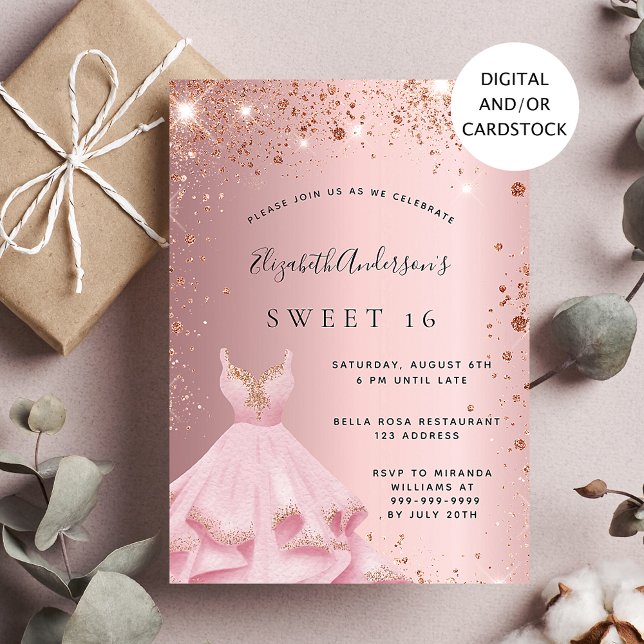 Invitación Dulce vestido de 16 chispeantes rosados (Subido por el creador)