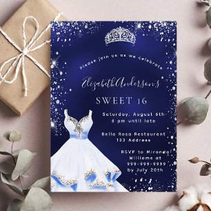 Invitación Dulce vestido de 16 purpurinas de plata azul tiara