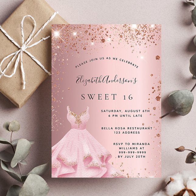 Invitación Dulce vestido de purpurina rosa rosa de 16 de lujo (Subido por el creador)