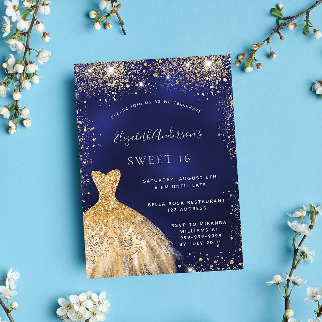 Invitación Dulce vestido dorado azul marino 16 glamuroso (Subido por el creador)