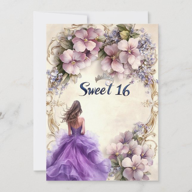 Invitación Dulce vestido morado de dieciséis con flores rosad (Anverso)