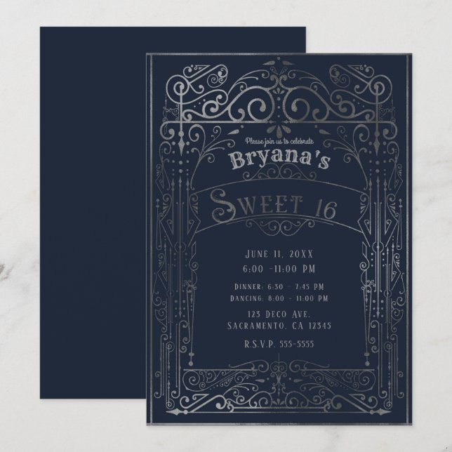 Invitación Dulce victoriano azul marino y plateado 16 (Anverso / Reverso)