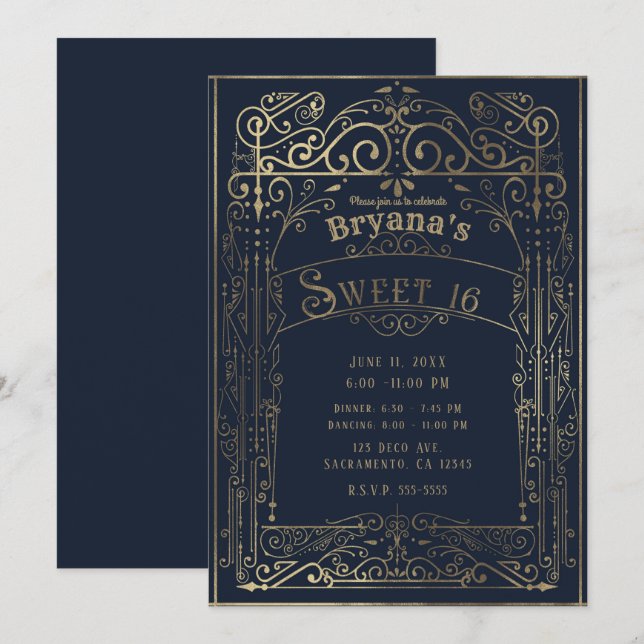 Invitación Dulce victoriano azul y dorado de la marina 16 (Anverso / Reverso)