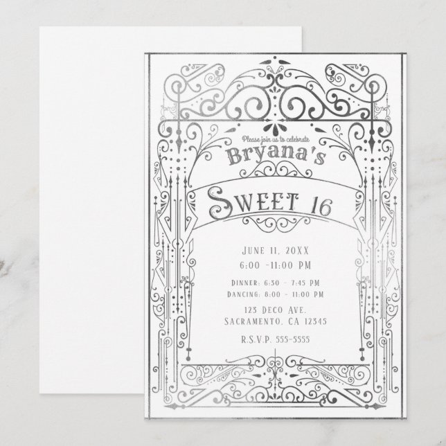 Invitación Dulce victoriano blanco y plateado 16 (Anverso / Reverso)