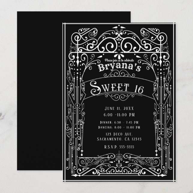 Invitación Dulce victoriano de color blanco y negro 16 (Anverso / Reverso)