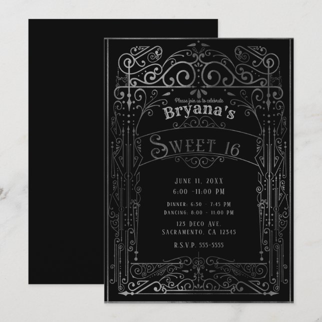 Invitación Dulce victoriano de color negro y plateado 16 (Anverso / Reverso)