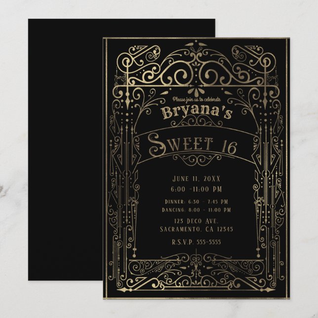 Invitación Dulce victoriano negro y dorado de 16 Fiestas (Anverso / Reverso)