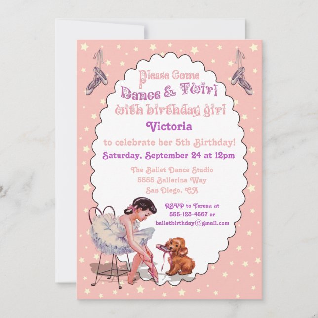 Invitación Dulce Vintage Ballerina Ballet Fiesta de cumpleaño (Anverso)