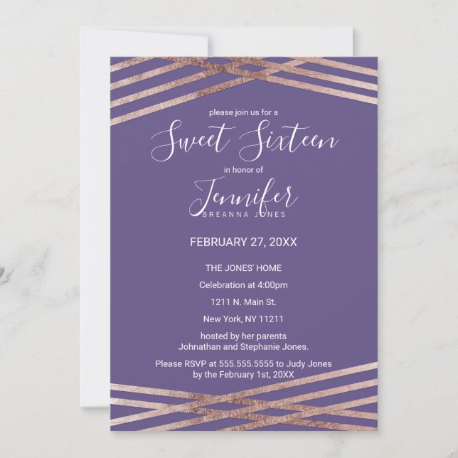 Invitación Dulce violeta dorada Rosa simple 16 (Anverso)