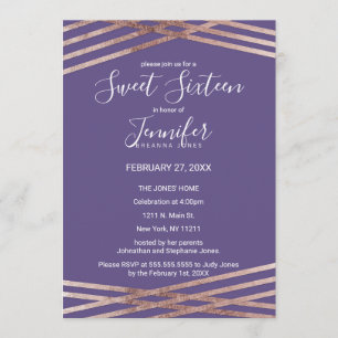 Invitación Dulce violeta dorada Rosa simple 16