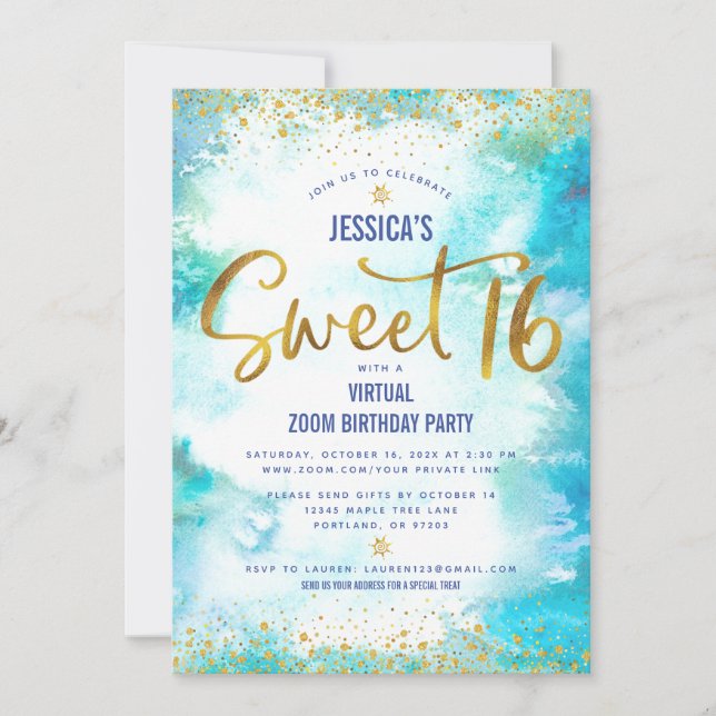 Invitación Dulce virtual 16 Blue Watercolor Gold Birthday (Anverso)